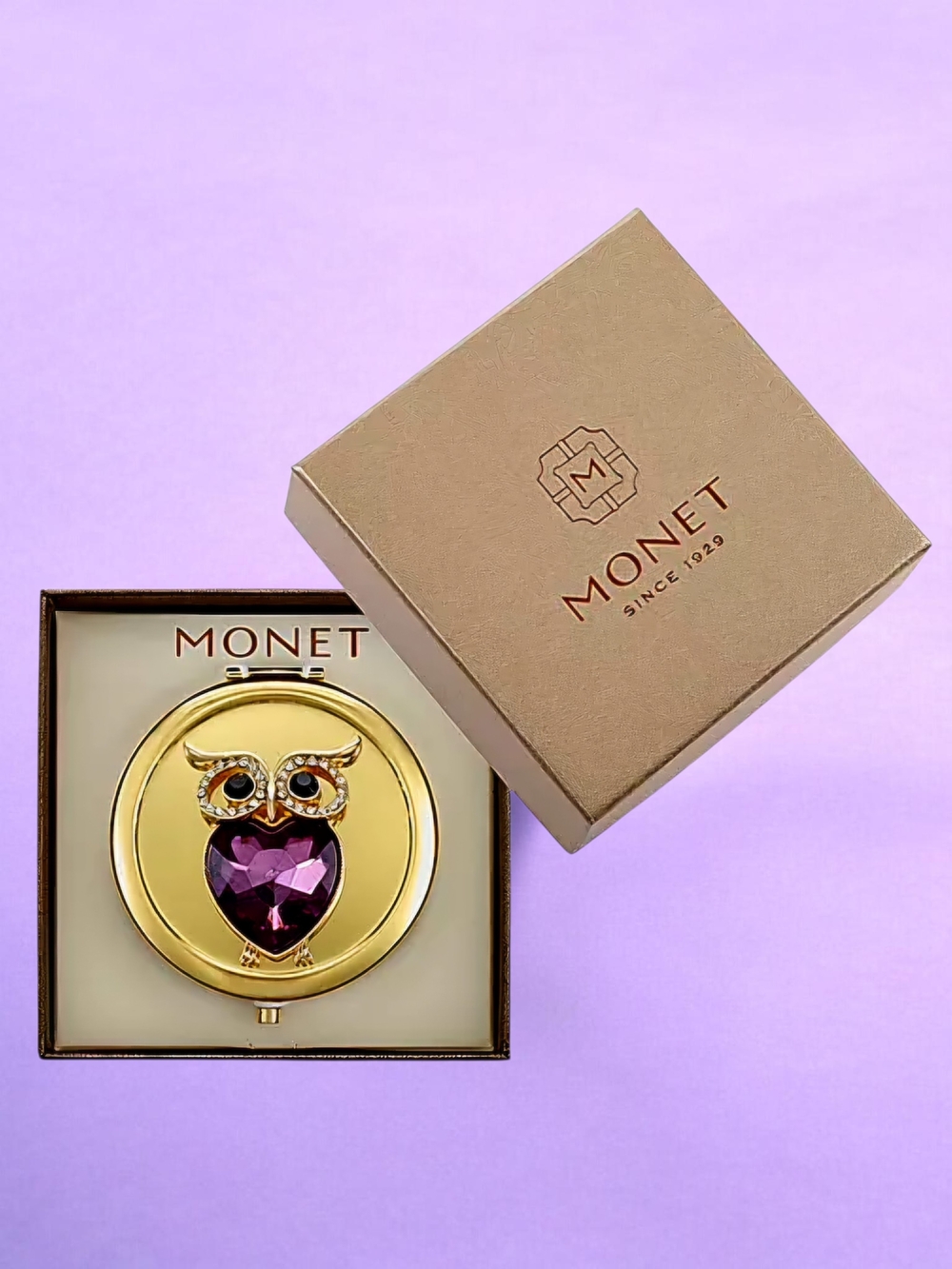 NEW Monet Jewelry Gold Tone Owl Snap Compact Mirror with Box 2.75" New with tags - Picture 5 of 6